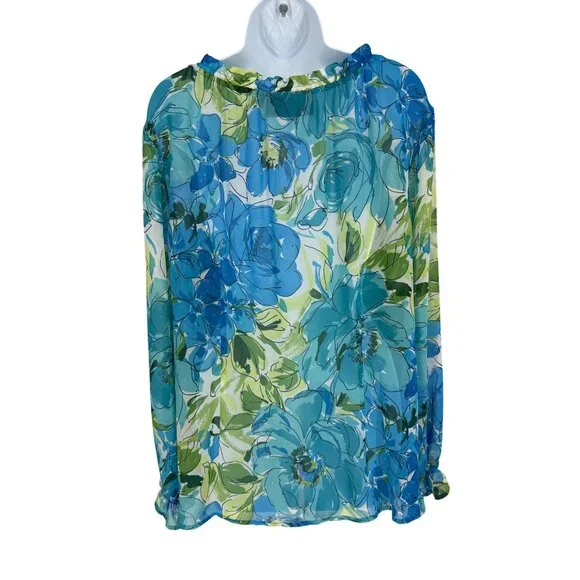 Susan Graver Floral Chiffon Long-Sleeve Ruffle Details Tie Neck Blouse Size XL - Picture 6 of 11